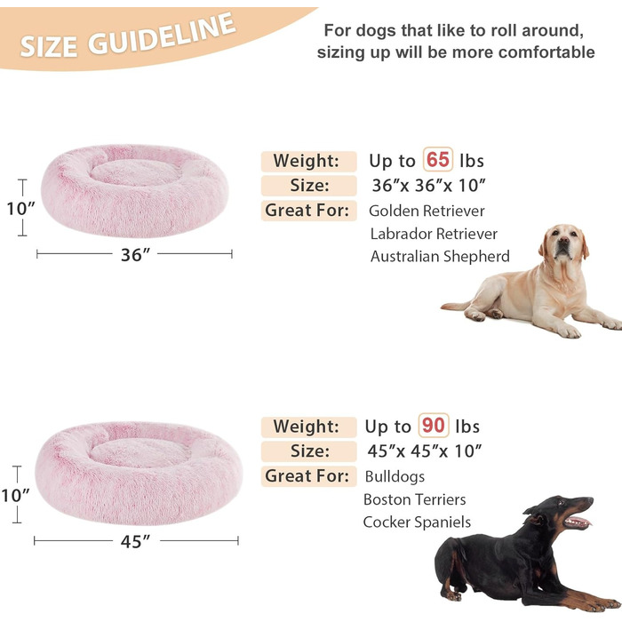 М'яке ліжко для собак великих порід WNPETHOME, заспокійливе доунат-ліжко, тепле та затишне, рожеве