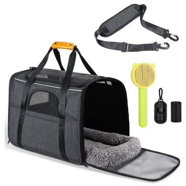 Транспортна переноска для собак та котів: переноска-сумка, схвалена авіакомпаніями, для собак та котів середніх та маленьких порід (до 9 кг), з шлейкою та щіткою для видалення шерсті