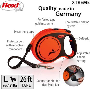 Рулетка для собак Flexi Xtreme L - міцна, 7.9 м, посилене гумове обплетення, світловідбиваючі елементи, регульована ручка, оранжево-чорний, Large