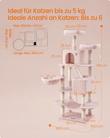Когтеточка для котів Feandrea, 168 см, велика, з 13 когтеточковими стовпами, 2 платформами, 2 будиночками, гамаком, м'ячиками, PCT165W01, пастельно-рожевий