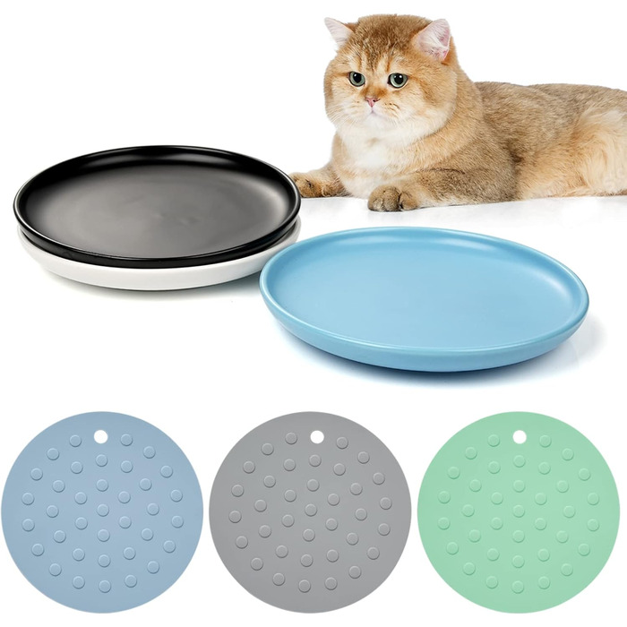 Керамічні миски для котів, 3 шт. з антиковзними килимками, широкі та плоскі миски для котів та кошенят, білі (триколірні)