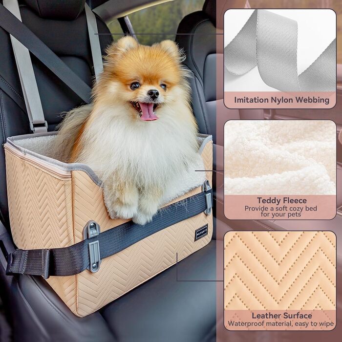 Автокрісло для собак Petsfit - стабільне та безпечне автокрісло для маленьких собак, з кріпленням для ременів безпеки, автопідстилка з плюшевим килимком, шкіра, хакі