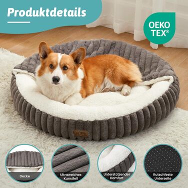 Кругле ліжко для собак COZY KISS з ковдрою, антистресове, для середніх та великих собак, м'яке, з штучним хутром та неслизьким дном (89x89x18 см, сірий)