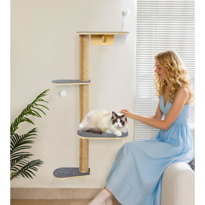 Кліматична стіна для котів Kratzbaum 125 см: 4 яруси, натуральне дерево, міцний фетр, для лазіння, дряпання та ігор