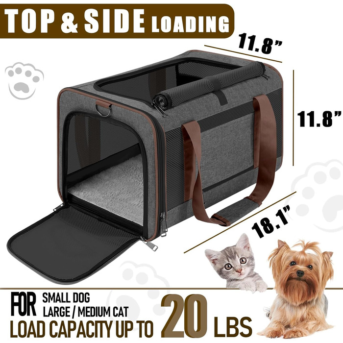 Транспортна сумка GAPZER для собак та котів, м'яка, для чихуахуа та мейн-кунів, переноска для тварин, вантажопідйомність до 11,3 кг, верхня завантаження, для подорожей, коричнево-темно-сіра