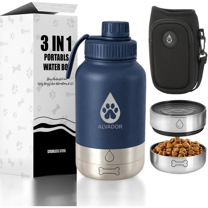 Водяна пляшка для собак на 1000 мл з переносною сумкою, 4-в-1, нержавіюча сталь, ізольована, без BPA, з мисками для води та корму, аксесуари для собак, блакитний колір