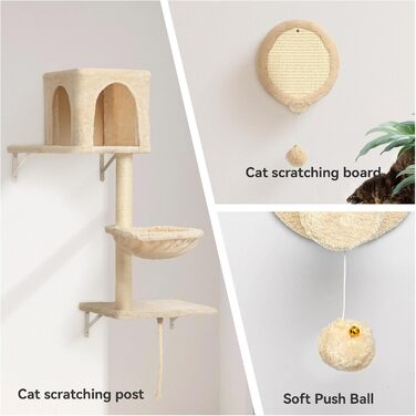 Комплекс для котів BYBYME з гамаком, ліжком та полицями, 6шт. Міцні меблі для котів з плюшевою стійкою, когтеточкою та сизалевими стовпчиками (Бежевий)