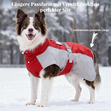 Зимовий теплий куртка для собак, вітро- та водовідштовхуючий, з потовщеним коміром, регульована блискавка, тепла зимова куртка для собак (Червоний/Сірий, M (58,6-68,6 см))