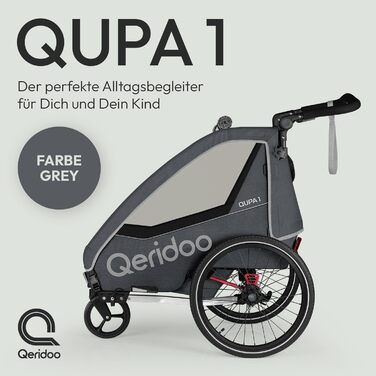 Причіп для велосипеда Qeridoo QUPA 1 з листковою підвіскою, складною кабіною, розширюваним сидінням, візок-причіп, регульована ручка, 5-точкова система ременів безпеки, для 1 дитини (Сірий)