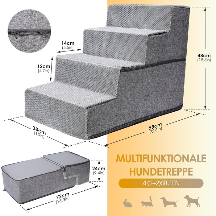 Сходинки для собак 3 ступені, антиковзаюча драбина для маленьких собак, миюча сходинка для собак 40 см заввишки, портативна рампочка для собак/кішок з миючим покриттям для дивану/ліжка