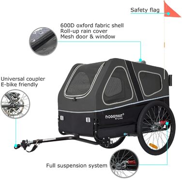 Doggyhut S-Line XL Візок-причіп для собак з амортизацією 2-в-1, велосипедний причіп та біговий візок для собак до 45 кг