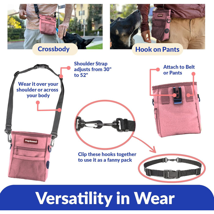 Сумка для ласощів для собак Leckerlibeutel – рожева, з магнітною застібкою та дозатором кульок, 3 відділення