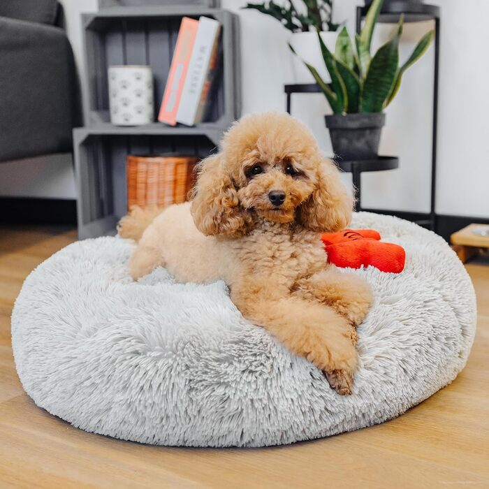 Кругле ліжко для собак та котів, діаметр 60 см, сірого кольору, м'яке, пухнасте, кошик для собак маленьких та середніх порід