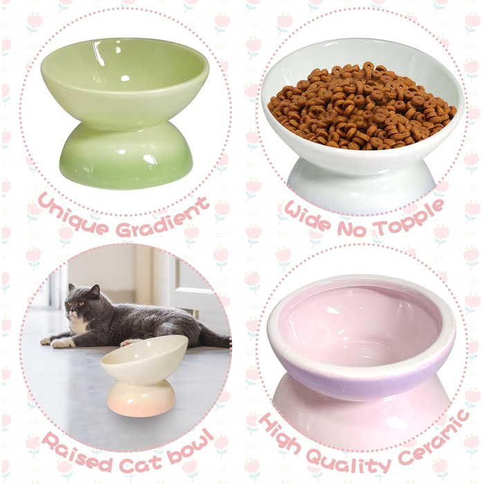 Підвищений годівниця для котів та маленьких собак Kathson, кераміка, нахилена, проти блювоти, 4 шт. (Blue, Green, Purple, Pink)