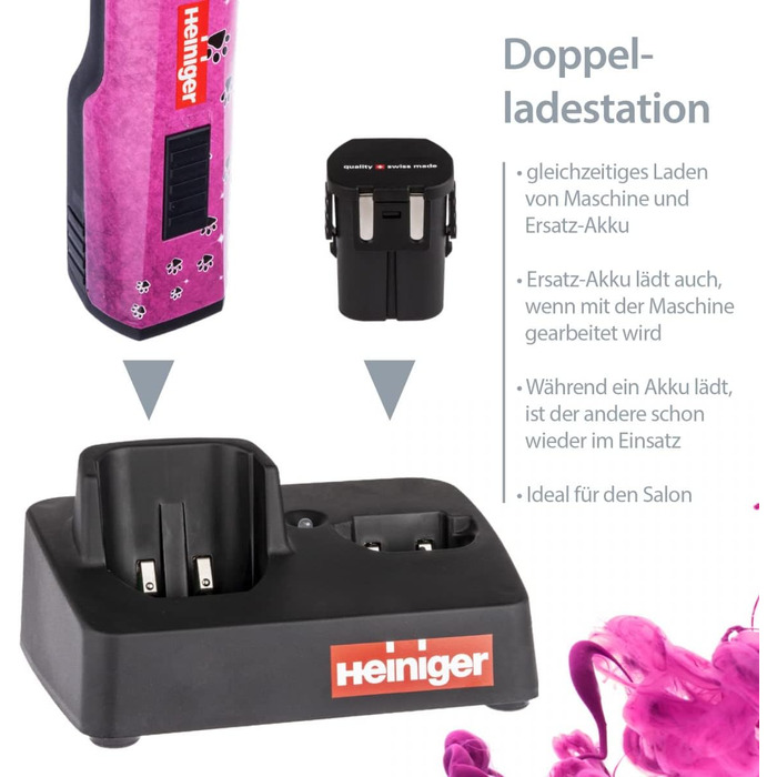 Набір для стрижки собак EHASO HEINIGER Profi Saphir: акумуляторна машинка, насадки, миска для води (рожева)