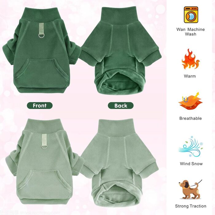 Теплий пуловер для собак Mosukoirl з кишенею: бавовняний світшот для маленьких та середніх собак, котів, чихуахуа. Світло-зелений & зелений колір