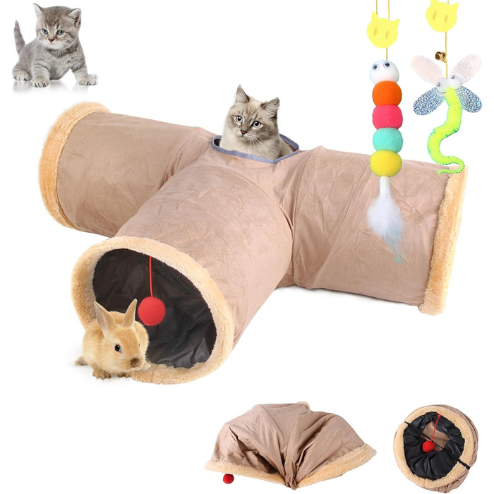 Туннель для котів Mymai з м'якого велюру, інтерактивний шуршачий тунель з 2 іграшками, для кошенят, кроликів та інших дрібних тварин (Хакі, B)