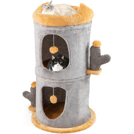 Кігтеточка-будка COSTWAY для котів з 2 будиночками, м'ячка та стійкою, сірого кольору, Ø48 x 83 см