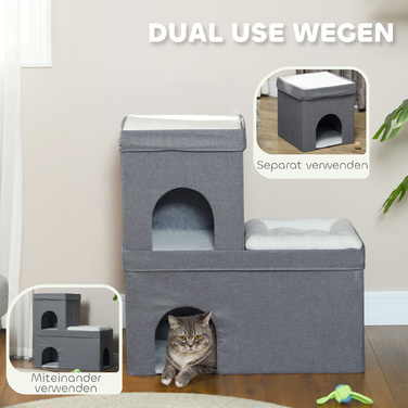PawHut Cat Cave Cat House, Будиночок для кішок з 3 ярусами, Лежанок для кішки з подушкою, Будиночок для собаки до 5 кг, 74 x 37.5 x 78.5 см, Сірий | Аосом