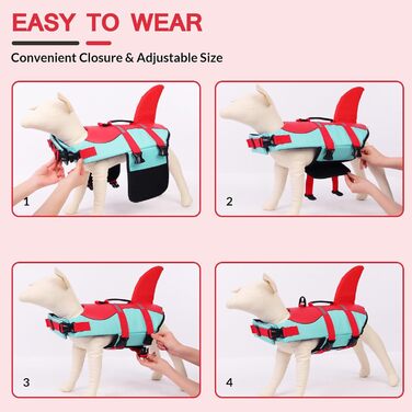 Спасальний жилет для собак у вигляді акули, XL (2XL), червоно-зелений. Безпечний та легкий жилет для водних розваг з ручкою та світловідбиваючими елементами для собак маленьких, середніх та великих порід.