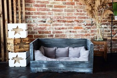 Собаче ліжко Kistenkolli Altes Land Balu з дерева з подушкою, корзина для собак, лежанка, вінтажний диван для собак, білий (90x57x45 см, Shabby Schwarz)