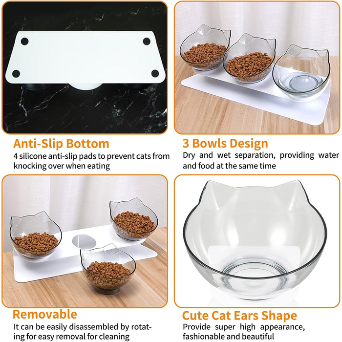Набір з 3 прозорих мисок для котячого корму з підставкою, ложкою, антиблювотні, підняті миски для котів, цуценят, корму та води, пластикові миски для тварин