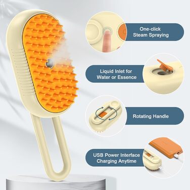 3-в-1 щітка для котів зі спреєм, акумуляторна парова щітка для котів, щітка для догляду за котами та собаками для масажу, видаляє шерсть, обробка помаранчевого кольору