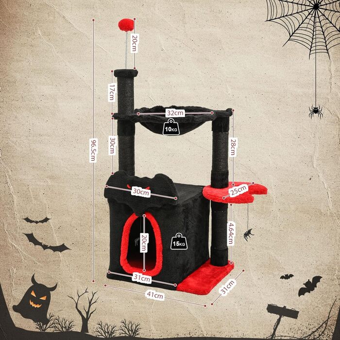 BYBYME Готичний кігтеточка для Хелловіну, 84.5 см, стійкий комплекс для котів з ліжком, будиночком, гамаком, кігтеточками з сизалю, багатофункціональна котяча іграшка (Чорний/Червоний), підлоговий, 96.5 см