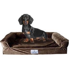 Ортопедичне ліжко для собак середніх порід, диванчик для собак з високим бортиком, лежанка для домашніх тварин, собаче ліжко-софа, знімний чохол, велюр та штучне хутро (Бежевий, M(75*57*20см))