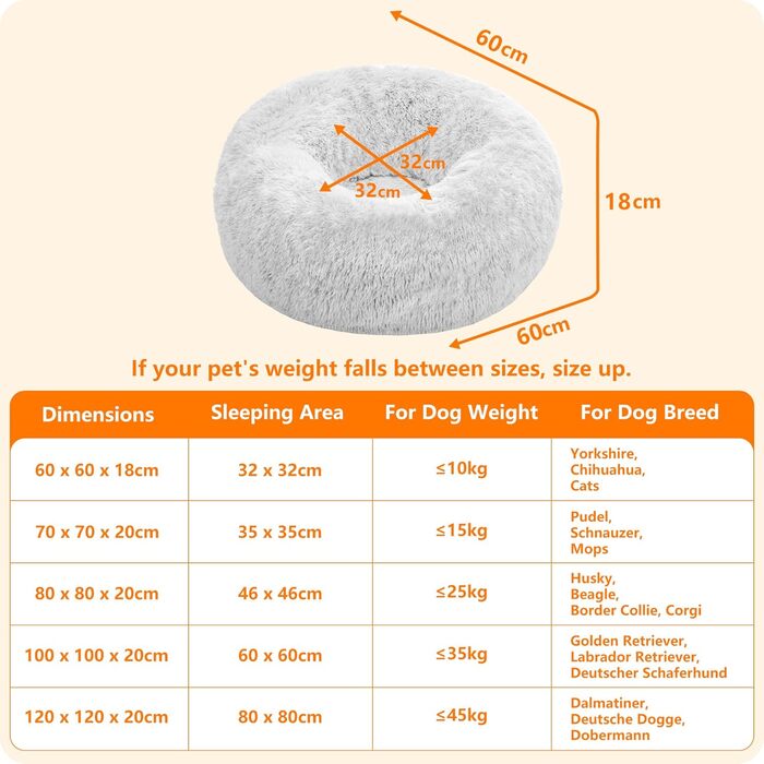 Ортопедичне ліжко для собак, кругле, м'яке, для котів та собак, лежанка-донатик, 60 см, сірий колір