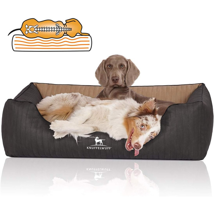 Ортопедичне собаче ліжко Knuffelwuff Outback XXL з лазерного стежчастого штучного шкіряного покриття, 120 x 85 см - Знімний чохол - Легко чистити - для великих, середніх та маленьких собак (Чорний/Капучино)