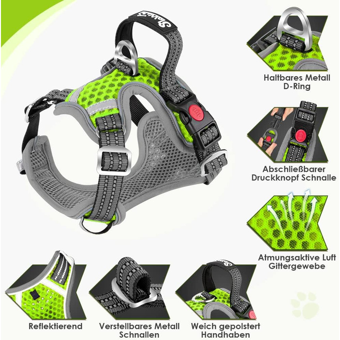 Шлейка для собак Eyein, Air Mesh, дихаюча, для малих та середніх собак, з м'якою ручкою та замикаючими карабінами, витривала, світловідбиваюча, зелена, розмір S