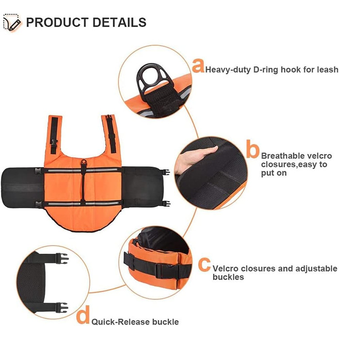 Жилет для плавання собак HOTGOL, регульований, з світловідбиваючими смугами, для собак маленьких, середніх та великих розмірів (помаранчевий, XL)