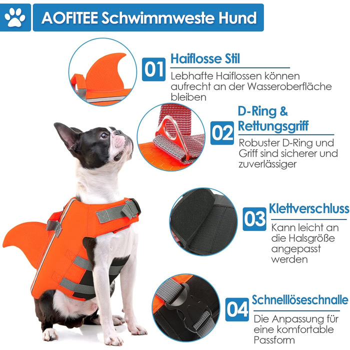 Спасальний жилет для собак AOFITEE Hai, XS, помаранчевий, регульований, з ручкою для рятування, світловідбиваючий, для малих та середніх порід