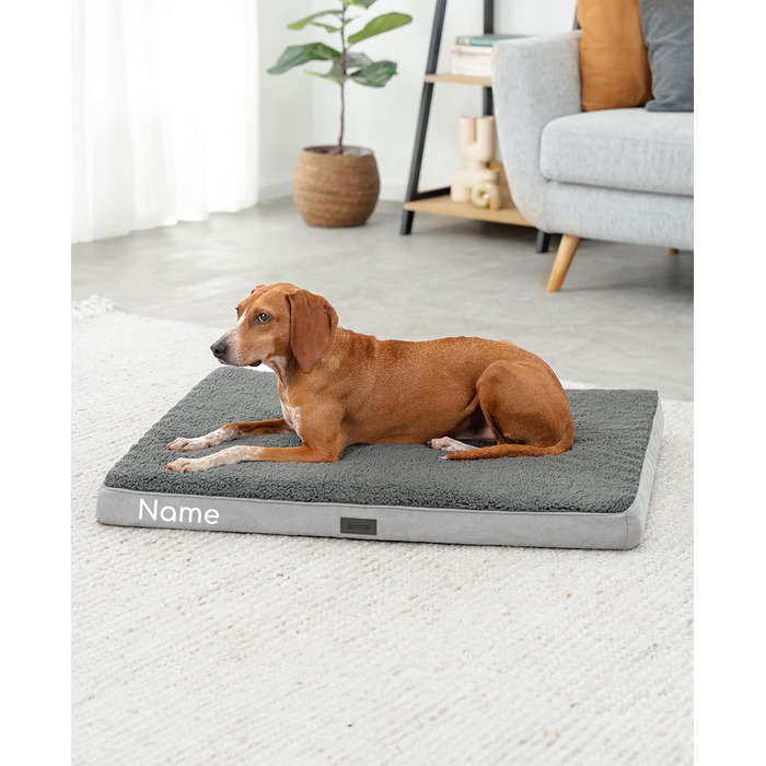 Ортопедичне ліжко для собак Lionto, 112x81x8 см, міцне, з м'яким плюшем, знімний та пральний чохол, водовідштовхувальне, для собак та котів (з нанесенням імені), сірий колір