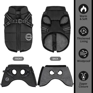 Зимовий одяг для собак, тепла куртка з нагрудником, вітронепроникна жилетка з підкладкою з флісу для маленьких собак (Чорний, M)