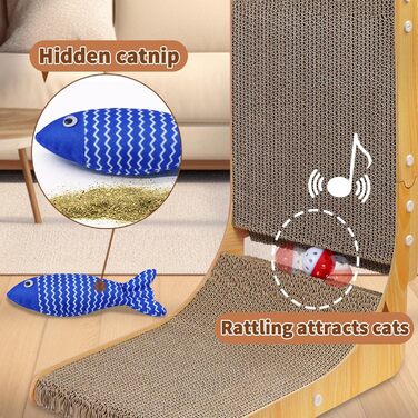 Котяча дряпка L-подібної форми, 68 см, з дзвіночком, рибкою та мишкою, з якісного картону, для стін, задовольняє природну потребу в дряпанні, XXL