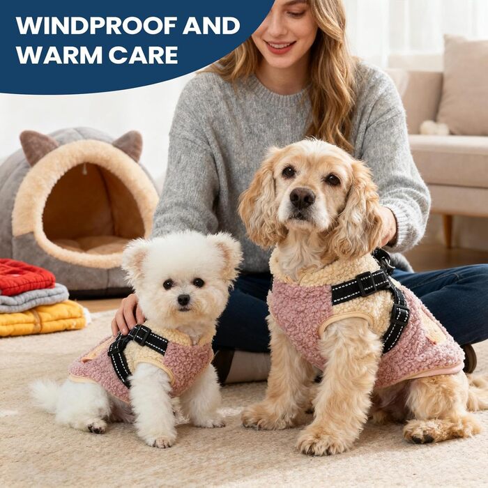 Зимовий теплий флісовий одяг для собак з коміром, для малих та середніх тварин. Зелено-білий/Рожево-білий