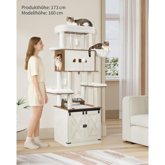 Драбина-кіготь для котів з туалетом, годівницею, 173 см, велика платформа, мотузка сизаль, гамак, знімний килимок, іграшки-кульки, білий та коричневий колір CB89014WT