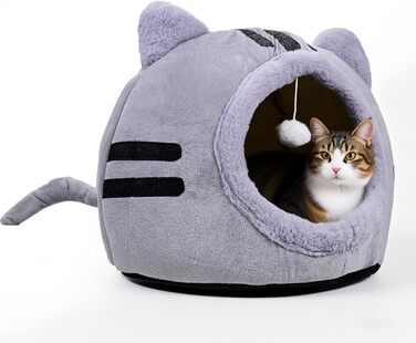 Кішка ліжко для котів, форма кота 40x40x32 см, велика кішка-печера, темно-сірий колір, складне ліжко для котів з пральними подушками, кішка-будиночок для кошенят, маленьких, середніх домашніх тварин, сірий колір
