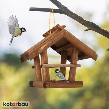 KOTARBAU® годівниця для птахів з натурального дерева, мала, темно-коричнева, підвісна, з 0,5 кг корму у подарунок