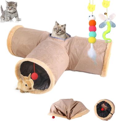 Туннель для котів Mymai з м'якого велюру, інтерактивний шуршачий тунель з 2 іграшками, для кошенят, кроликів та інших дрібних тварин (Хакі, B)
