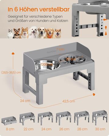 Підвищена годівниця для собак Feandrea з регульованою висотою та нахилом, 2 миски з нержавіючої сталі 304, миска для повільного годування, сірий колір, PRB103GD01