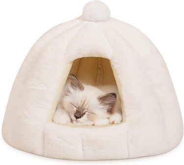 Кішка/Песик Іглу Будинок-Гніздо ALLSOPETS з Знімним Матрацом, Теплий та М'який Дім для Собак та Кішок (Сніжно-Білий, L)