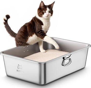 Нержавійна лоток для котів, великий, XXL, з нержавіючої сталі, відкритий, для котів та кроликів будь-якого розміру, з антипригарним покриттям, без запаху, легко миється, 45x35x15 см (серія EasyLift з ручкою та лопаткою), 60x40x20 см