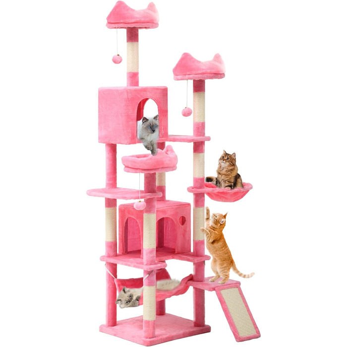 Кігтеточка YITAHOME для котів, велика, 190 см, з 8 стовпів з сизалю, 3 платформи, 2 печери, кошик, гамак, м'ячики, дошка для шліфування кігтів, рожева