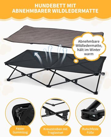 Ліжко для собак KingCamp підвищене, вуличне, чорне 57x57x23 см (L 132x68x29 см) - дихаюча сітка та фліс