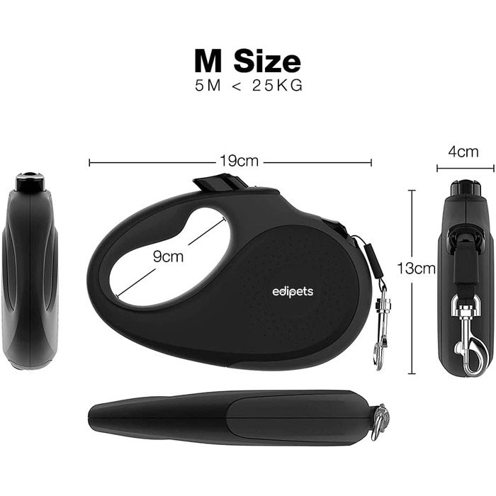 Нашийник для собак Edipets, висувний поводок 5 м, нейлон, 360°, чорний (M)
