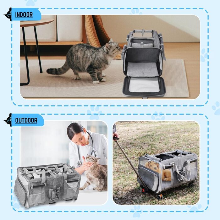 Велика переноска для тварин з двома відділеннями та колесами для кота/собаки, знімна складана переноска для 2 котів до 20 кг, вентильована переноска-рюкзак для котів для подорожей/походів/кемпінгу
