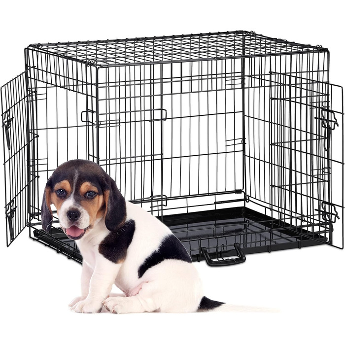 Клітка для собак Relaxdays: для дому та автомобіля, HBT 87x122x80 см, сталева, чорна, з ручкою та двома дверцятами (розміри внутрішні: 54x77x59 см)